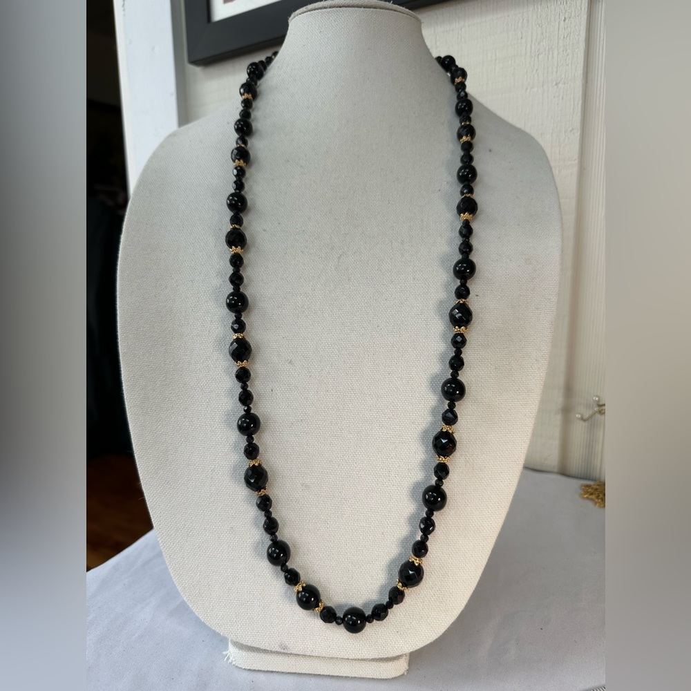 Long jet black glass bead necklace